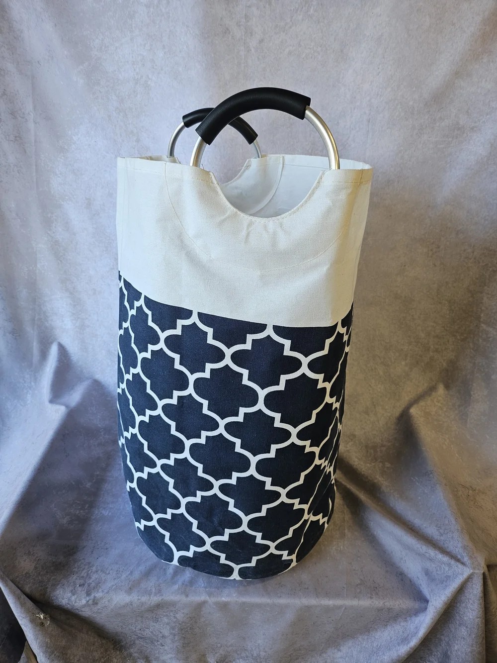 Canvas Laundry Basket Tote with Navy Geometric Pattern